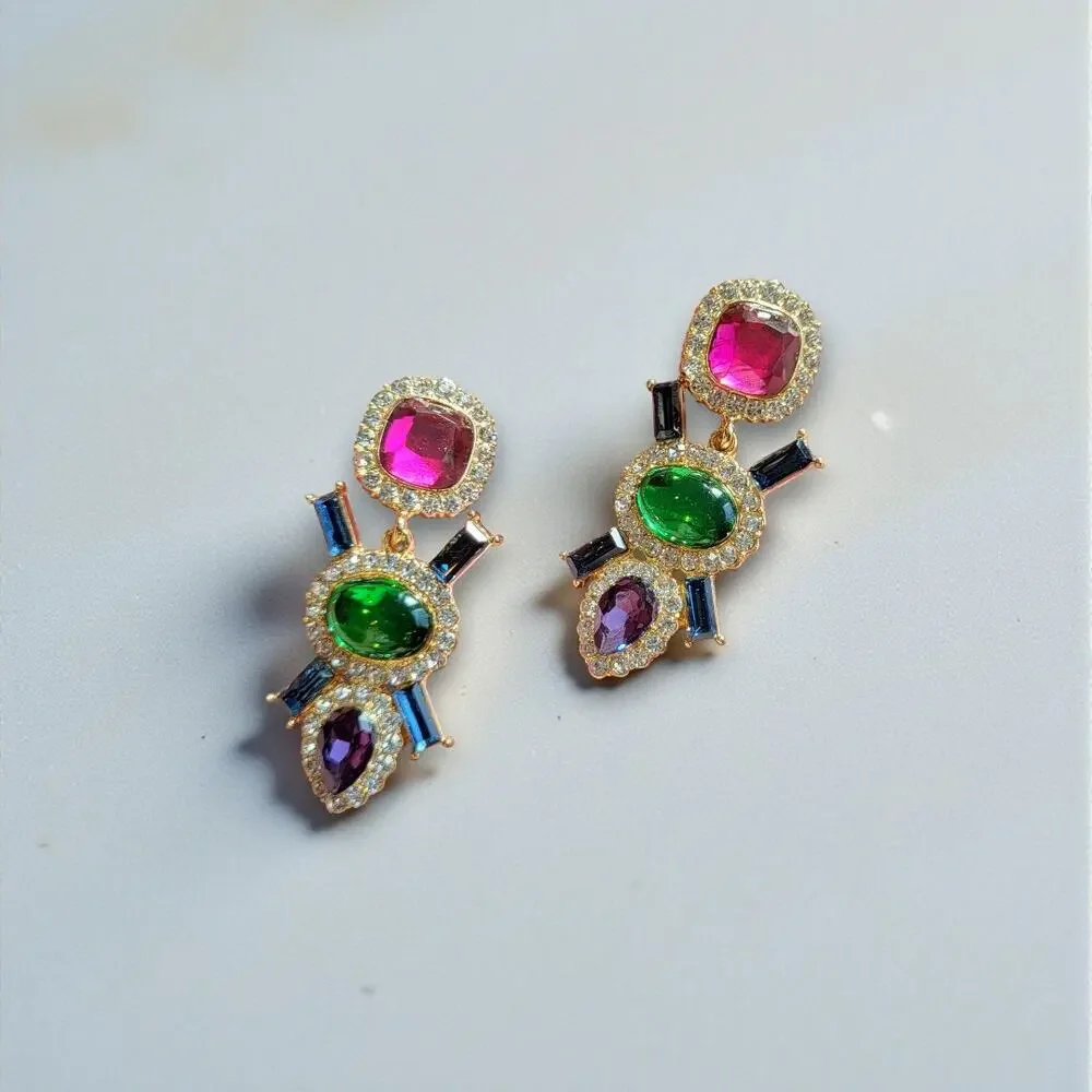 Multi-Color Jeweled Gem Statement Dangle Earrings – Gold Tone Rhinestone Drops
